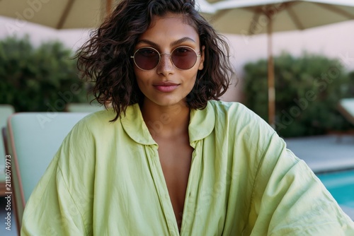 Young woman wearing sunglasses poolside summer lifestyle portrait background for travel banner and social media design