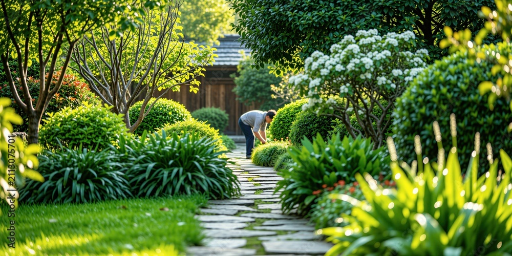 Obraz premium Person works in green garden with stone path, trees. Man tends to plants outdoors in nature on sunny day. Adult gardener cares for flowers in backyard during hobby time. Peace, healthy lifestyle in