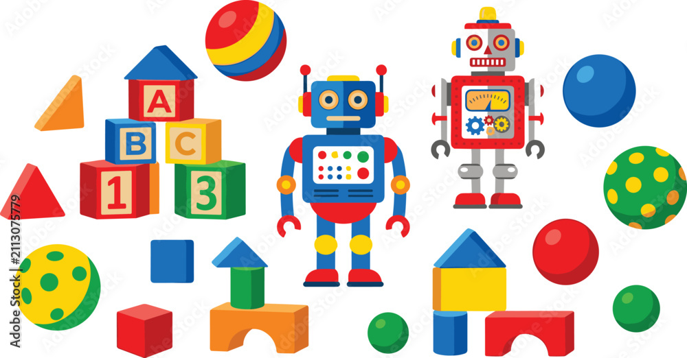 Naklejka premium Colorful Kids Toys Vector Element Set with Retro Robots ABC Building Blocks Wooden Geometric Shapes and Play Balls for Early Childhood Education Designs
