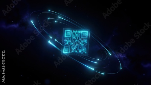 Futuristic neon blue digital QR code floating in outer space with orbital light rings