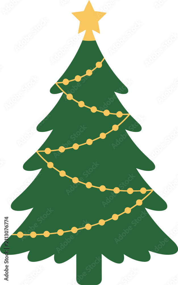 Fototapeta premium Green christmas tree with yellow star and garland, isolated on white background