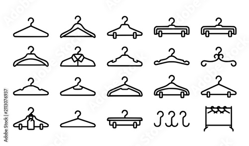 Clothes Hanger Line Icon Set with Coat Hanger Clothing Rack Wardrobe and Laundry Symbols Editable Stroke Vector