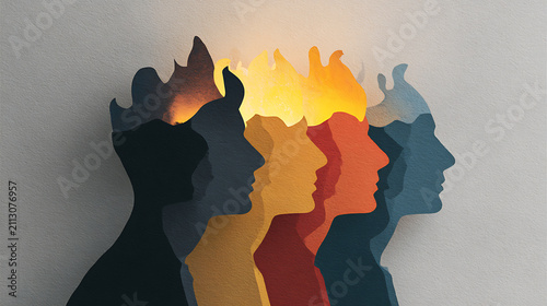 Layered paper silhouettes with glowing flames inside their heads expressing emotional overload, burnout, resilience, healing, psychological wellbeing, mindfulness and inner balance