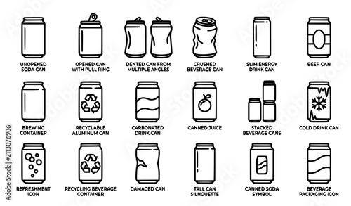 Modern Beverage Soda Can Outline Icon Collection Featuring Dented Beer Brewing and Soft Drink Symbols
