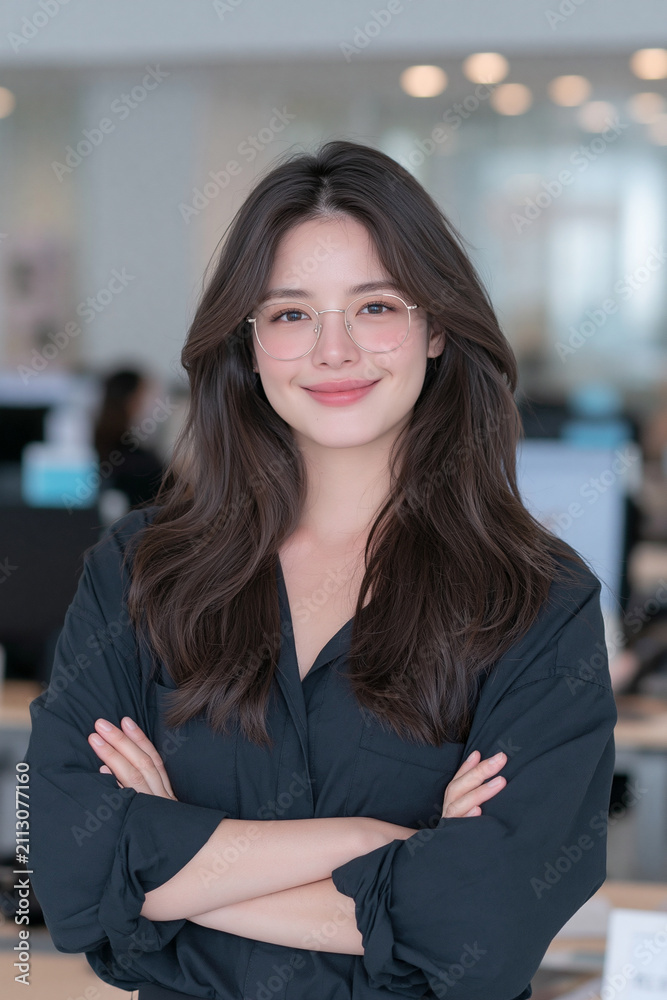 Fototapeta premium confident asian businesswoman with glasses in modern office, smiling professional asian woman in elegant corporate portrait, friendly businesswoman wearing round glasses in bright office