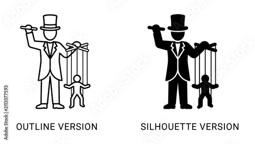 Bild auf Leinwand Puppeteer Controlling Miniature Figure: An illustration depicting a puppeteer in a top hat and suit, manipulating a small figure with strings, symbolizing control and influence