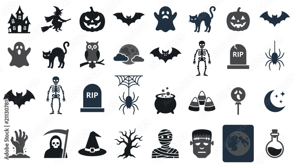 Fototapeta premium Dark silhouette icons of Halloween characters and creatures.