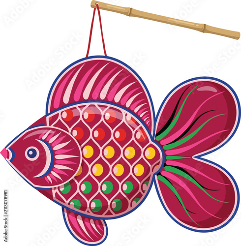 Vibrant fish shaped paper lantern used in traditional celebrations