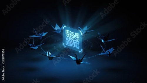 Digital QR code with glowing light surrounded by origami cranes
