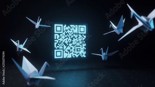 Blue Glowing QR Code with Origami Paper Cranes Flying on Dark Textured Surface