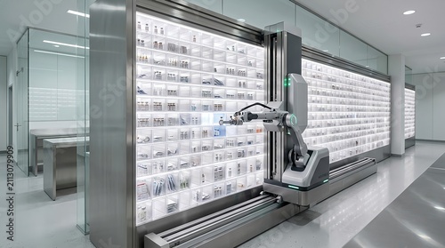 Automated robotic arm managing medical inventory in modern pharmaceutical