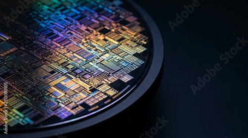 Macro view of silicon microchip wafer with complex integrated circuits, hardware