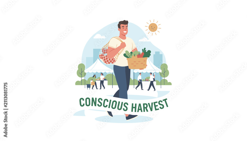 Fototapeta premium Happy young man carrying fresh organic vegetables from a local farmers market under a bright conscious harvest slogan.
