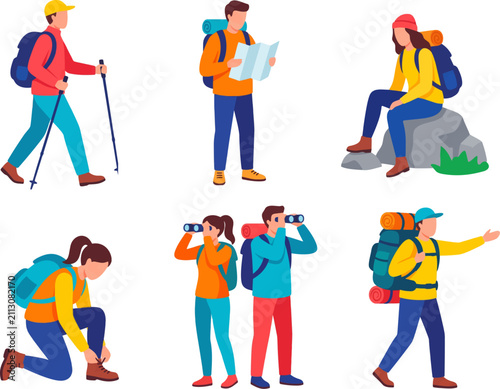 Hikers with Backpacks Flat Vector Illustration Set
