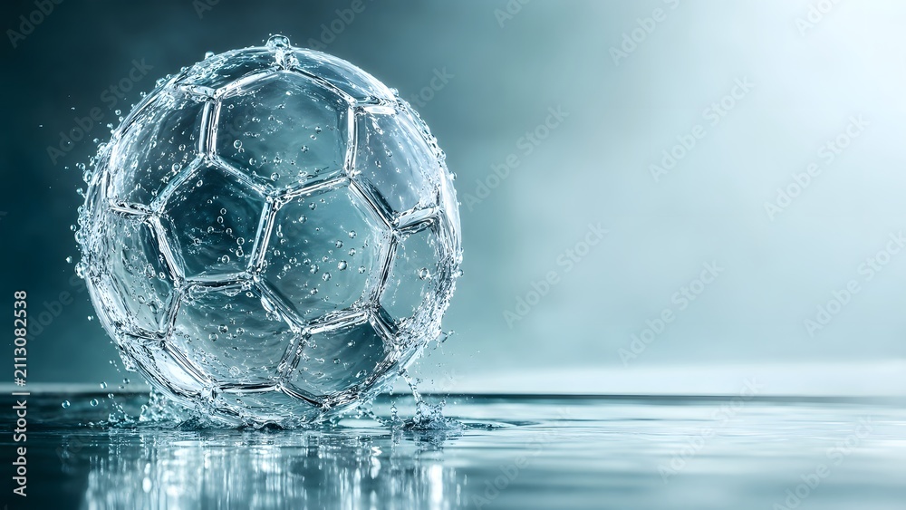 Naklejka premium sports football sculpted water ball with transparent panels splashing across reflective blue surface