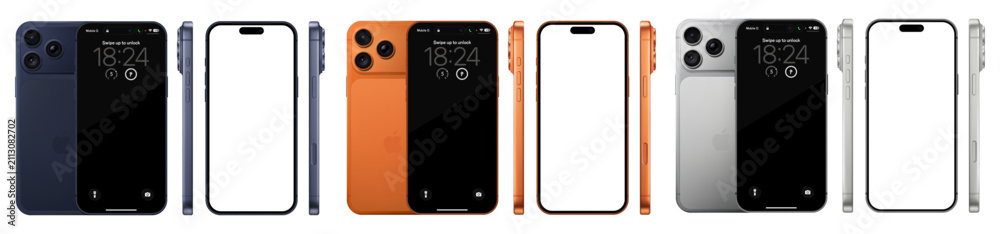 Obraz premium Apple Iphone 17 Pro Max lineup mockup: Cosmic Orange, Deep Blue, Silver. Front, rear and side view isolated. Vector editorial png