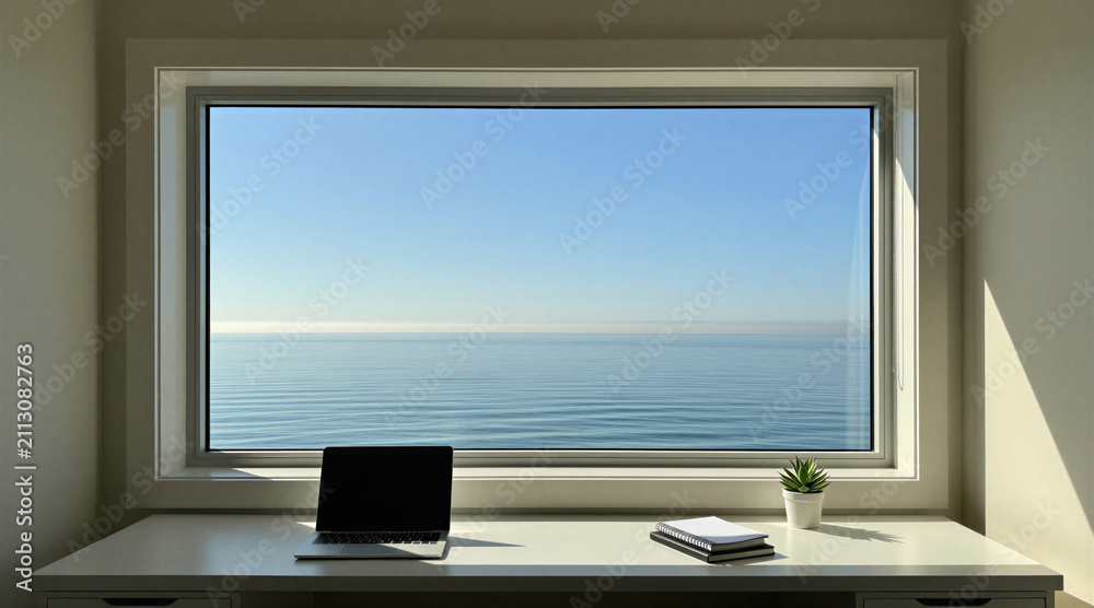Fototapeta premium Desk with laptop and plant sits by window looking out to calm blue sea and horizon. Bright sunlight casts shadows on wall creating peaceful home office atmosphere.