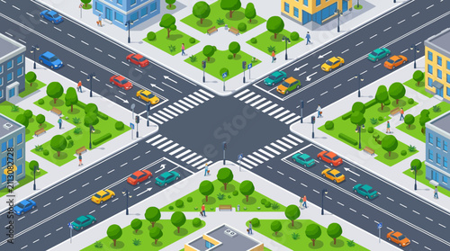 Isometric City Intersection with Traffic, Cars, Pedestrians, and Buildings