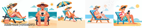 Flat vector illustration of a man sitting on a beach chair and using phone