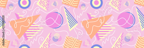Memphis design seamless repeat pattern. Memphis doodle 80s geometric colorful creative design vector illustration. For textile, texture, fabric wrapping, decorative, wallpaper, shirts, clothing