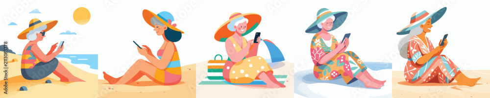 Obraz premium Flat vector illustration of a grandma sitting on the beach sand, playing phone