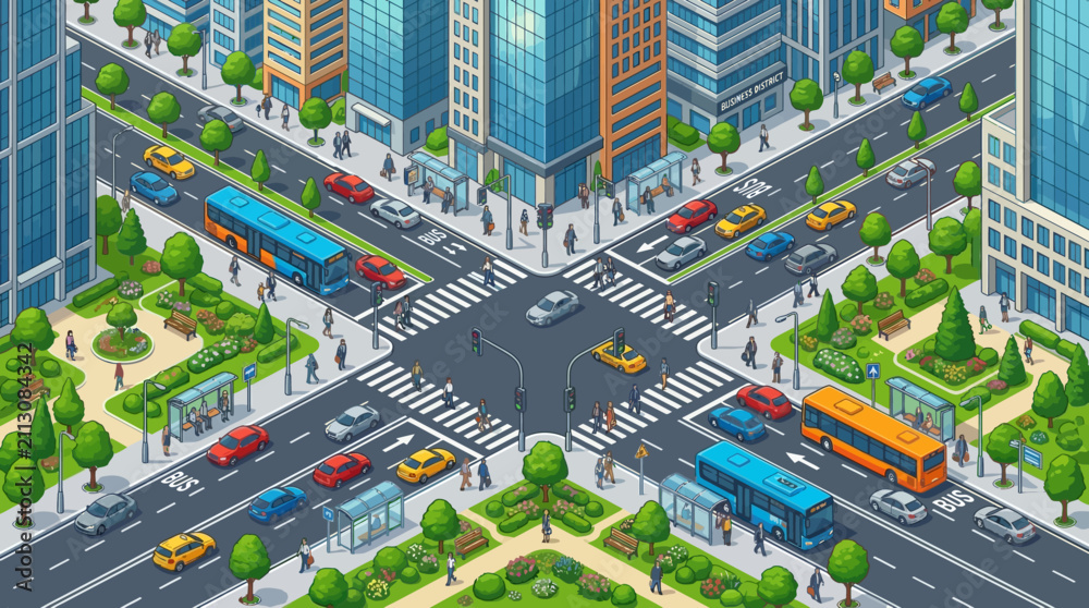 Fototapeta premium Isometric City Intersection with Traffic and Pedestrians, Busy Urban Crossroads