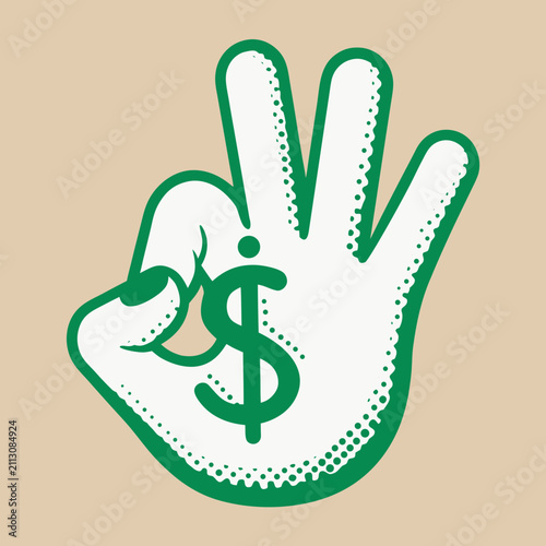 Dollar Sign Hand Gesture Green Vector Illustration On Beige Background