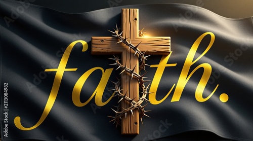 Wooden cross with thorny crown wrapped around sits on dark flag with golden word faith. Light, shadow play on symbols, evoking deep spiritual meaning, hope, sacrifice. Religious concept for