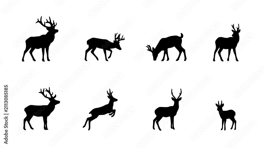 Obraz premium Deer Silhouettes in Various Poses and Stances Featuring Silhouette, Animal, Wildlife with Nature and Antlers Elements for Forest