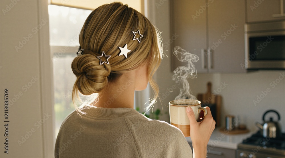 Obraz premium Blonde woman with star hair clips stands in modern kitchen. Holds ceramic mug with hot steaming coffee during peaceful morning. Back view of young female in cozy sweater enjoys quiet domestic time at