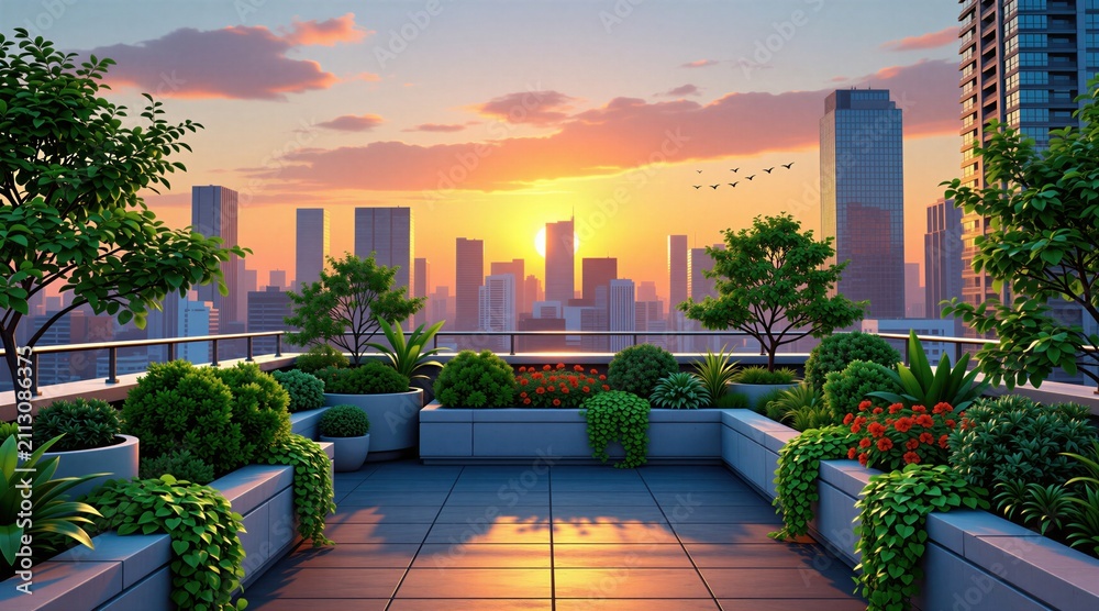 Obraz premium Green urban roof garden with various plants, flowers in pots overlooking modern city skyline at sunset. Rooftop balcony provides peaceful scenic view of metropolitan buildings, skyscrapers. Nature