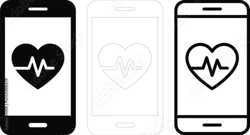 Health app icon. Smartphone screen displaying heart with pulse line symbol. Simple pictogram for healthcare, fitness, monitoring, wellness and medical service.