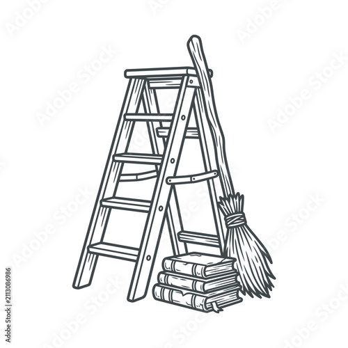Broom leaning on wooden ladder and book stack.