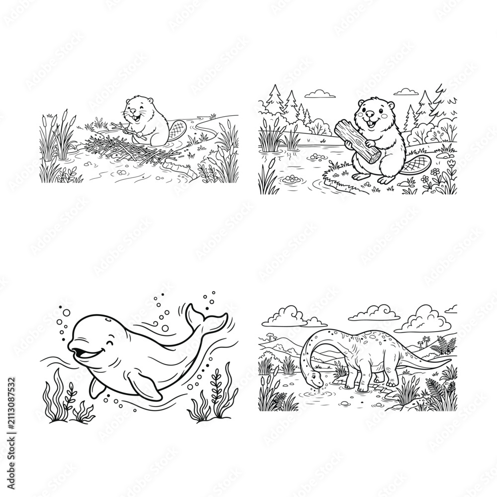 Obraz premium Set of four hand drawn black and white coloring page illustrations featuring various cute animals and nature scenes