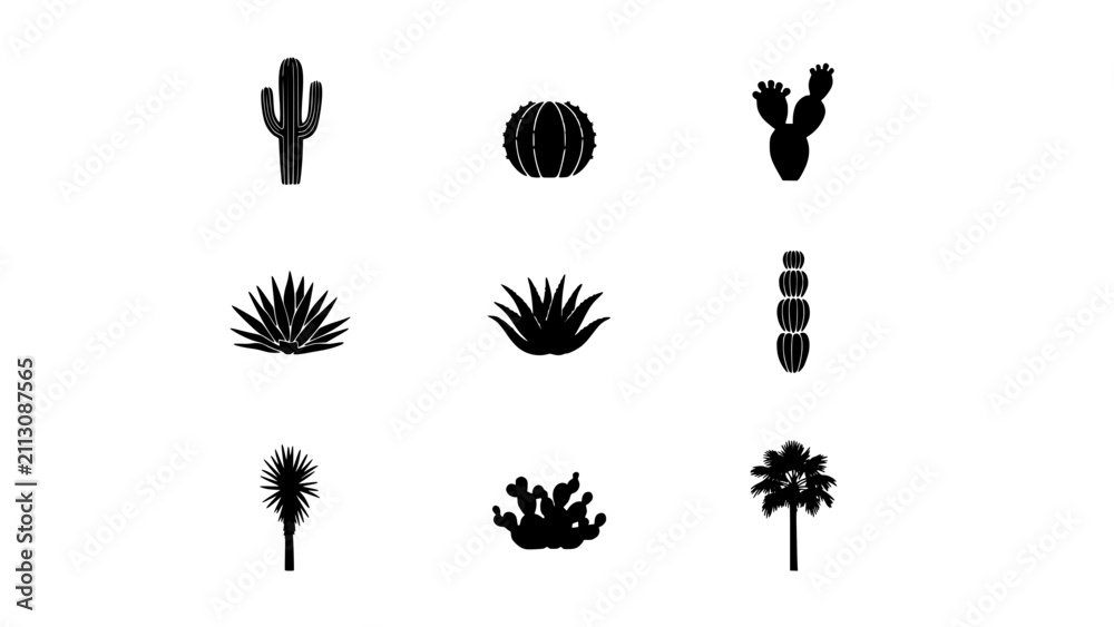 Fototapeta premium Cacti and Plants in Black Silhouettes Arranged in a Grid Pattern Featuring Desert, Succulents, Agave with Aloe and Palm Elements