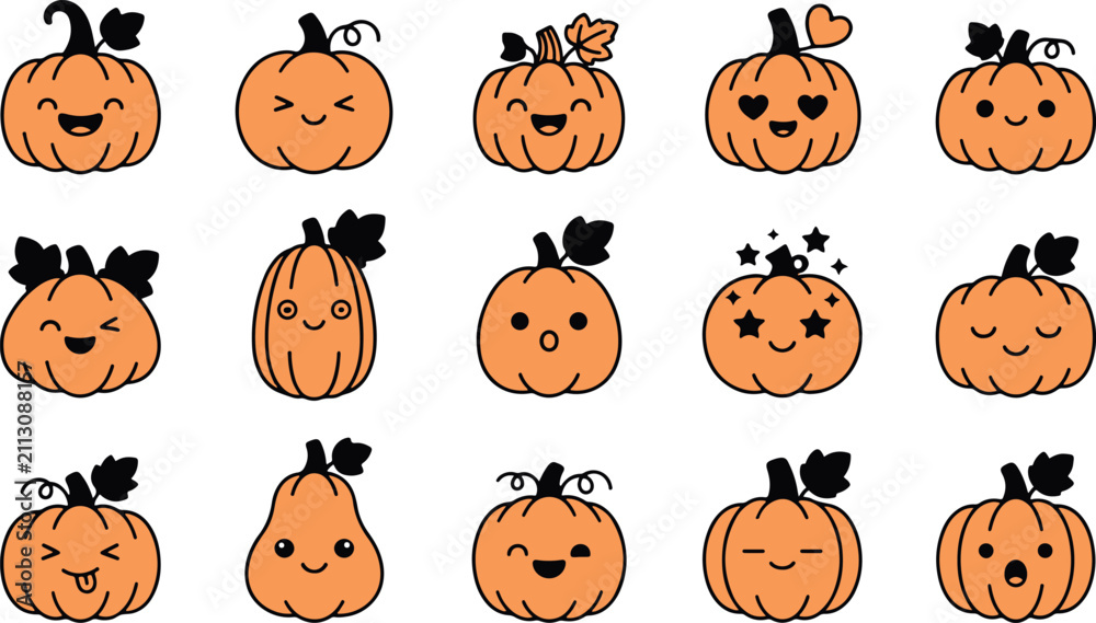 Fototapeta premium Set of cute kawaii pumpkin characters with various facial expressions for halloween holiday decorations and autumn season designs