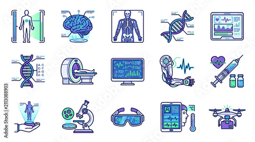 Flat Design Medical and Technology Icons Collection.