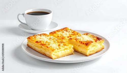 Golden Cheese Puff Pastry with Black Coffee on White Table Breakfast Set