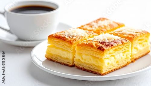 Golden Cheese Puff Pastry with Black Coffee on White Table Breakfast Set