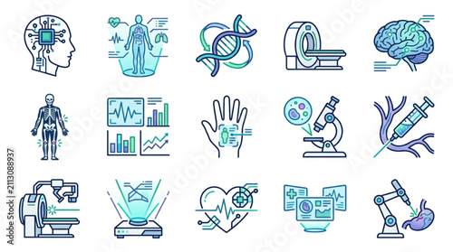 Flat Design Medical Science Technology Icons Collection.