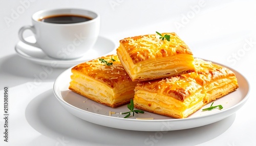 Golden Cheese Puff Pastry with Black Coffee on White Table Breakfast Set