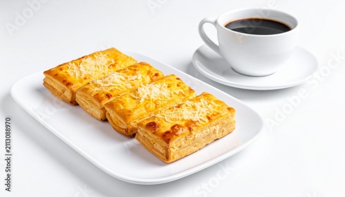 Golden Cheese Puff Pastry with Black Coffee on White Table Breakfast Set