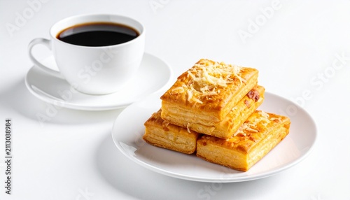 Golden Cheese Puff Pastry with Black Coffee on White Table Breakfast Set