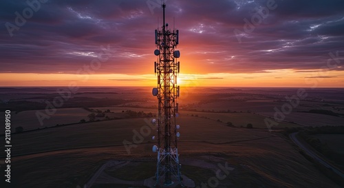 Telecommunication tower silhouette against dramatic sunset sky