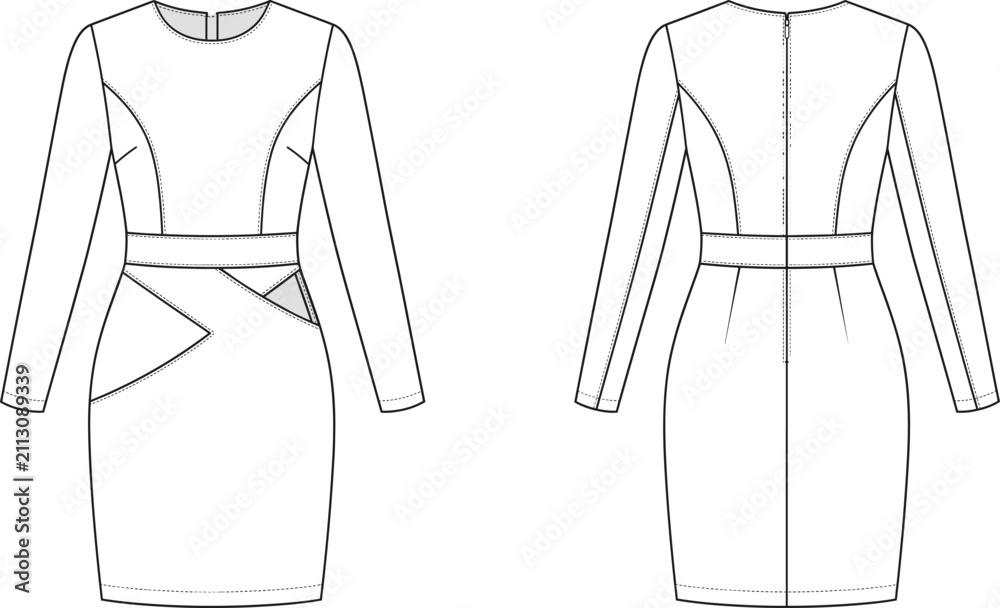 bodycon dress sketch Poster, Print Long sleeve tech pack technical vector illustration with fr, 40x24.3 cm Dress flat sketch