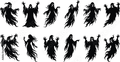 Konstfotografi Set of scary Halloween ghost silhouettes in dynamic flying and hovering poses
