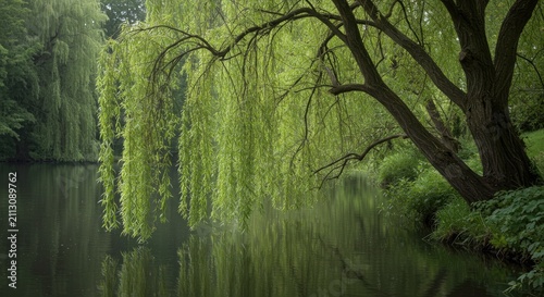 Tranquil willow tree overhanging calm water reflecting green foliage