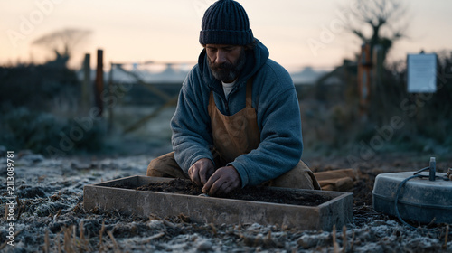 A birdscarer in a frost-hardened industrial farm field sets up acoustic deterrent devices at dawn, the process of resetting mechanisms captured mid-action, a foreclosure impact