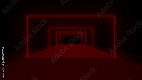 Neon glowing triangle tunnel with blue light lines moving fast and rotate. Background futuristic corridor with neon lights. Seamless loop 3d render, , Modern neon light.