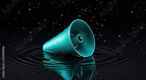 Turquoise cone speaker floating in water with ripple effect and dark background
